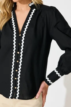 Clearance Ricki Top in Black with White Ric Rac Trim Cotton Tops