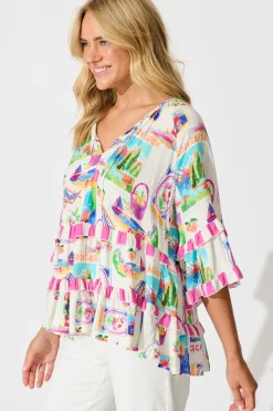 Online Rina Top in White With Bright Resort Print Tops