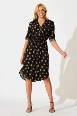 Clearance Rival Zip Dress in Black with Brown Spot Dresses|Casual