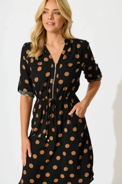 Clearance Rival Zip Dress in Black with Brown Spot Dresses|Casual