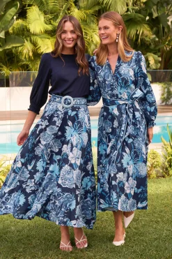 Online Riviera Maxi Skirt in Navy with Blue Floral Linen Blend Bottoms|Skirts & Shorts