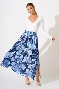Online Riviera Maxi Skirt in Navy with Blue Floral Linen Blend Bottoms|Skirts & Shorts