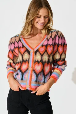 Sale Romance Heart Knit Cardigan in Multi Wool Blend Knitwear|Knitwear