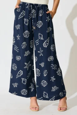 Sale Romeo Pant in Navy with White Shell Print Bottoms|Pants