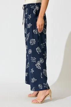 Sale Romeo Pant in Navy with White Shell Print Bottoms|Pants