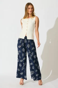 Sale Romeo Pant in Navy with White Shell Print Bottoms|Pants
