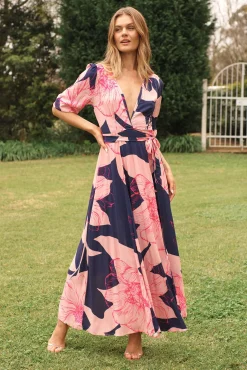 Clearance Ronda Maxi Wrap Dress In Navy With Blush Flower Print Dresses|Casual