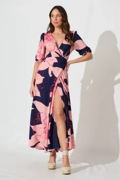 Clearance Ronda Maxi Wrap Dress In Navy With Blush Flower Print Dresses|Casual