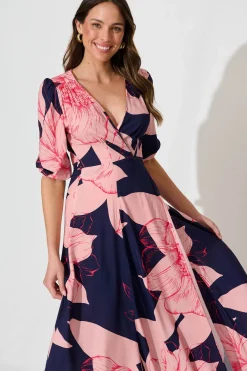 Clearance Ronda Maxi Wrap Dress In Navy With Blush Flower Print Dresses|Casual