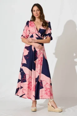 Clearance Ronda Maxi Wrap Dress In Navy With Blush Flower Print Dresses|Casual