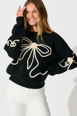 Online Rosa Knit in Black with Cream Bow Cotton Blend Knitwear|Knitwear