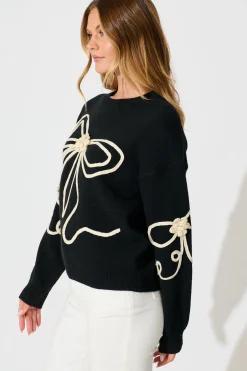 Online Rosa Knit in Black with Cream Bow Cotton Blend Knitwear|Knitwear