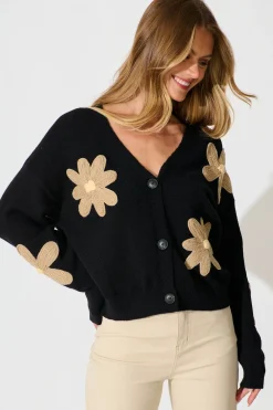Discount Rosalie Knit Cardigan in Black with Beige Flowers Knitwear|Knitwear