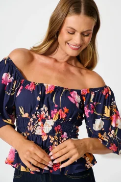 Sale Rosella Top In Navy with Multi Floral Tops