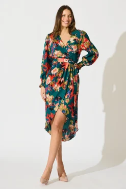 New Rosemarie Midi Dress in Emerald with Abstract Print Dresses|Party