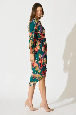 New Rosemarie Midi Dress in Emerald with Abstract Print Dresses|Party