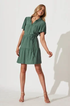 Sale Rosemary Smock Dress In Green Linen Blend Dresses|Casual