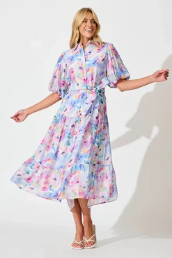 New Rosina Maxi Shirt Dress in Pastel Watercolour Floral Dresses|Party