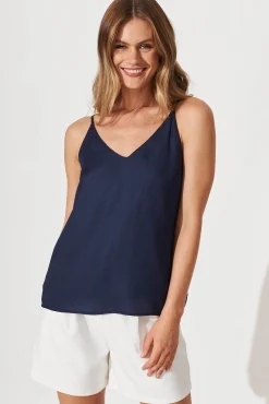New Rowland Cami Top In Navy Satin Tops