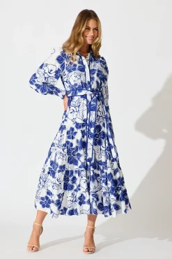 New Sabrina Maxi Shirt Dress in Cobalt Floral Dresses|Party
