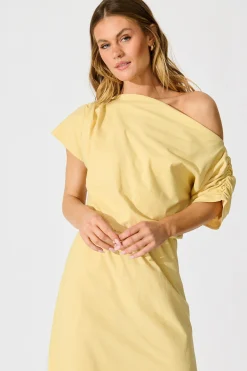 Online Saffron Sky Maxi Off Shoulder Dress in Butter Yellow Cotton Dresses|Casual
