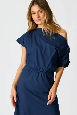 New Saffron Sky Maxi Off Shoulder Dress in Navy Cotton Dresses|Casual