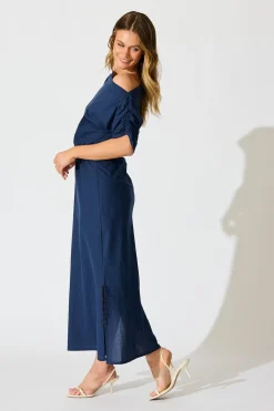 New Saffron Sky Maxi Off Shoulder Dress in Navy Cotton Dresses|Casual