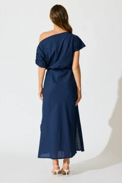 New Saffron Sky Maxi Off Shoulder Dress in Navy Cotton Dresses|Casual