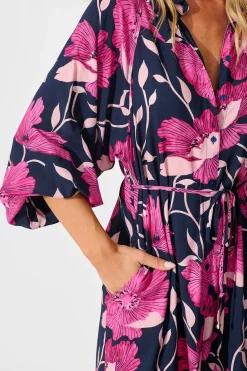 Outlet Sally Midi Shirt Dress In Navy with Pink Floral Dresses|Casual