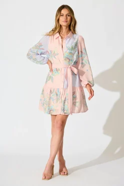 Outlet Sammie Shirt Dress in Pink and Lilac Floral Linen Blend Dresses|Party