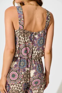 New Sandcastle Jumpsuit In Cream With Purple Paisley Playsuits & Jumpsuits|Jumpsuits & Playsuits