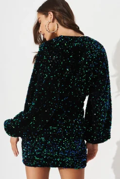 New Sapphira Sequin Dress In Black With Green Sequin Dresses|Party