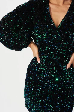 New Sapphira Sequin Dress In Black With Green Sequin Dresses|Party