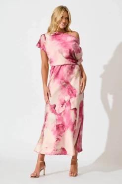 Hot Sarita Maxi Off Shoulder Dress in Magenta Watercolour Satin Dresses|Party