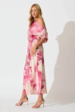 Hot Sarita Maxi Off Shoulder Dress in Magenta Watercolour Satin Dresses|Party