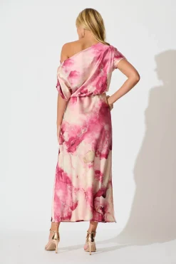 Hot Sarita Maxi Off Shoulder Dress in Magenta Watercolour Satin Dresses|Party