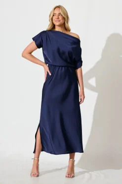 Best Sarita Maxi Off Shoulder Dress in Navy Satin Dresses|Party