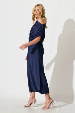 Best Sarita Maxi Off Shoulder Dress in Navy Satin Dresses|Party