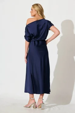 Best Sarita Maxi Off Shoulder Dress in Navy Satin Dresses|Party