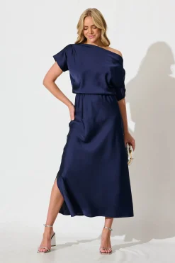 Best Sarita Maxi Off Shoulder Dress in Navy Satin Dresses|Party
