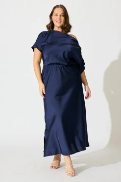 Best Sarita Maxi Off Shoulder Dress in Navy Satin Dresses|Party