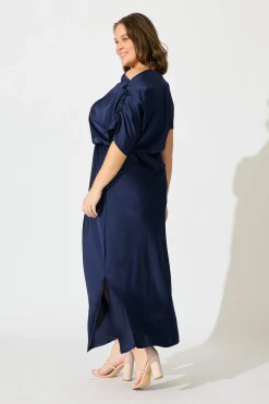 Best Sarita Maxi Off Shoulder Dress in Navy Satin Dresses|Party
