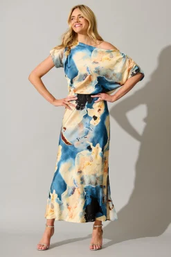 Outlet Sarita Maxi Off Shoulder Dress in Blue Watercolour Satin Dresses|Party