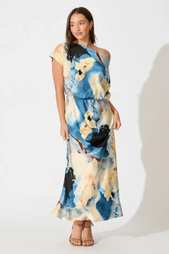 Outlet Sarita Maxi Off Shoulder Dress in Blue Watercolour Satin Dresses|Party