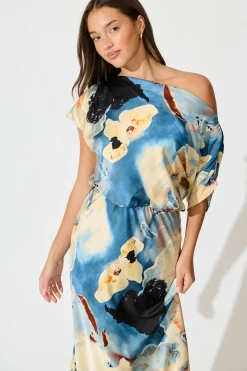 Outlet Sarita Maxi Off Shoulder Dress in Blue Watercolour Satin Dresses|Party