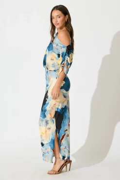 Outlet Sarita Maxi Off Shoulder Dress in Blue Watercolour Satin Dresses|Party