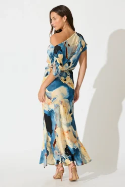 Outlet Sarita Maxi Off Shoulder Dress in Blue Watercolour Satin Dresses|Party