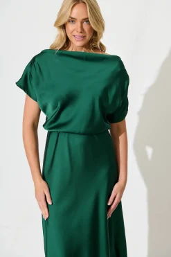 New Sarita Maxi Off Shoulder Dress in Emerald Green Satin Dresses|Party