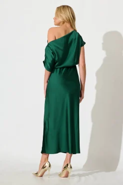New Sarita Maxi Off Shoulder Dress in Emerald Green Satin Dresses|Party