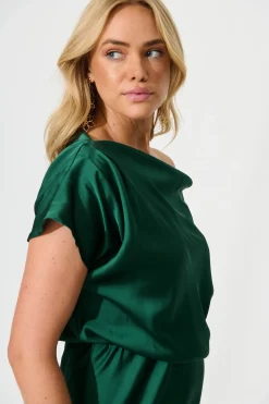 New Sarita Maxi Off Shoulder Dress in Emerald Green Satin Dresses|Party